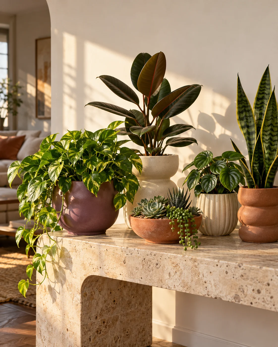 A styled collection of leafy houseplants in sculptural cream, plum and terracotta ceramic pots